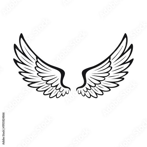 Stylized black and white illustration of a pair of feathered wings spread apart