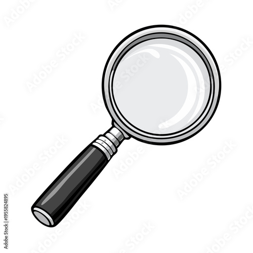 Magnifying glass with a black handle and metallic rim over a white background