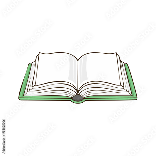 Open book with blank pages and green cover, simple drawing style