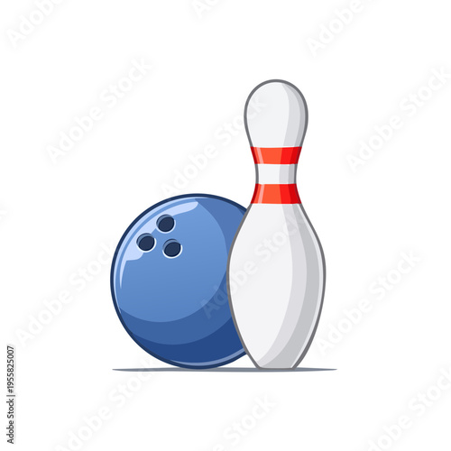 Blue bowling ball and white pin with red stripes ready for a game