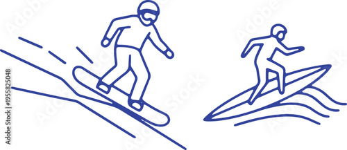 Winter and water sports enthusiasts in action on snow and waves