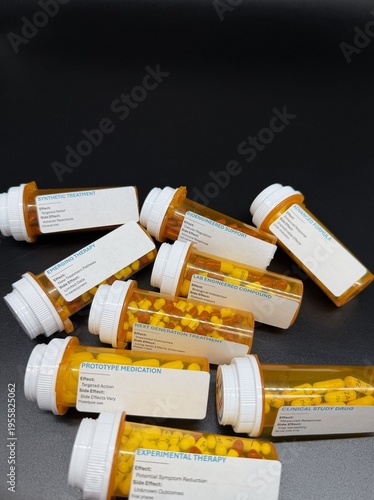 Experimental pharmaceutical capsules in prescription bottles, medical research concept