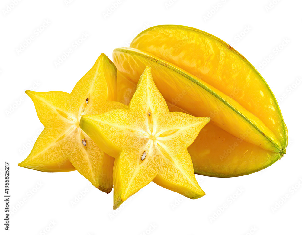 Fototapeta premium Bright yellow star-shaped fruits, some sliced showing seeds
