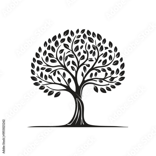 Stylized Black Silhouette of a Lush Tree with Dense Foliage and Strong Trunk