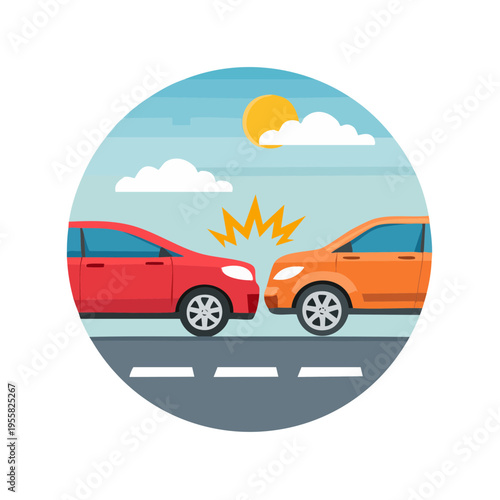 Two cars colliding on a road under a sunny sky graphic