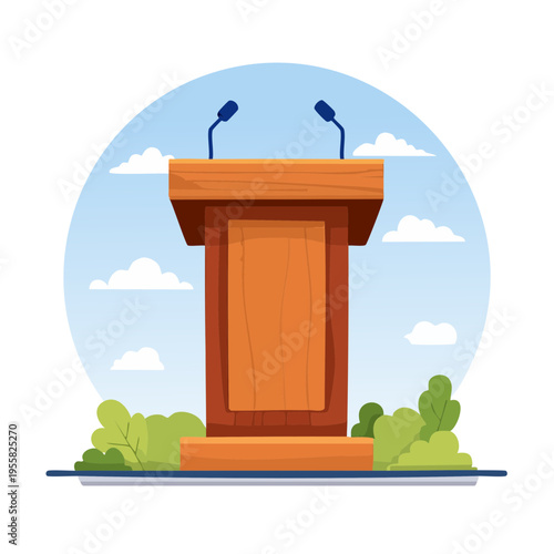 Wooden podium with microphones for public speaking event outdoors with blue sky and clouds