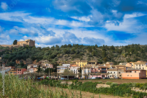 Panorama of the town of Miravet, on the river Ebro in Tarragona province, Spain. Colorful houses at the foot of a forested hill, dominated by a medieval castle of the Knights Templar.

