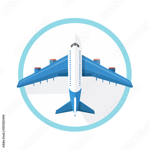 Top down view of a blue and white commercial airplane with wide wings inside a light blue circular frame