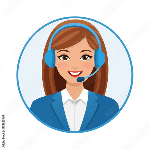 Friendly Woman Customer Service Representative Wearing Headset and Blue Suit