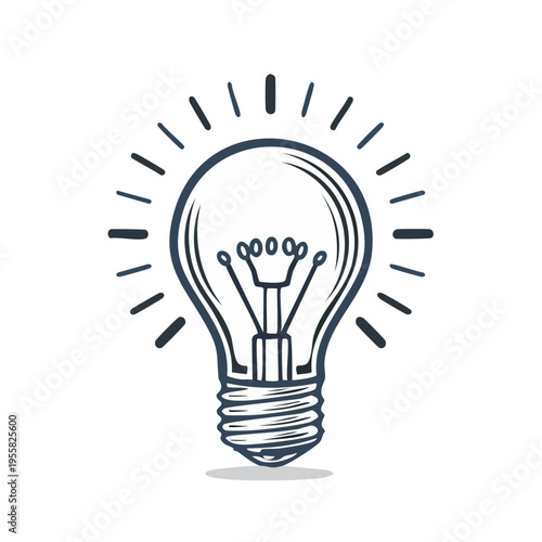 Simple line drawing of a lit incandescent light bulb with radiating lines symbolizing an idea