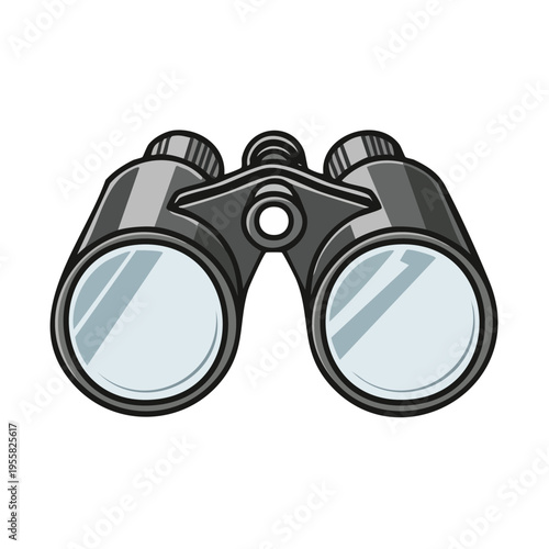 Illustration of a pair of dark grey binoculars with large circular lenses