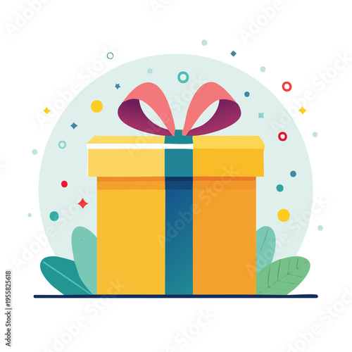 Bright Yellow Gift Box with Red Ribbon and Confetti Celebration Background