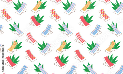 Seamless summer pattern featuring sun loungers and tropical leaves in a bright and playful flat style. Modern beach composition inspired by vacation and resort lifestyle. Perfect for textiles, wallpap