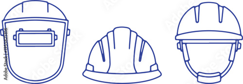 Three types of protective headgear used in industrial and safety environments