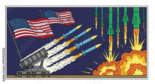 US missile defense system launching rockets intercepting enemy missiles American flags waving