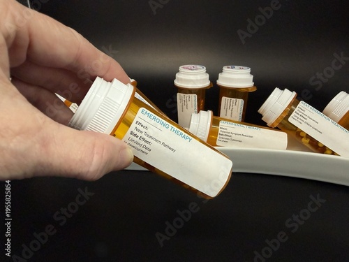 Experimental pharmaceutical capsules in prescription bottles, medical research concept