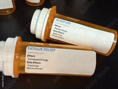 Medication side effects and treatment cycle concept with prescription bottles