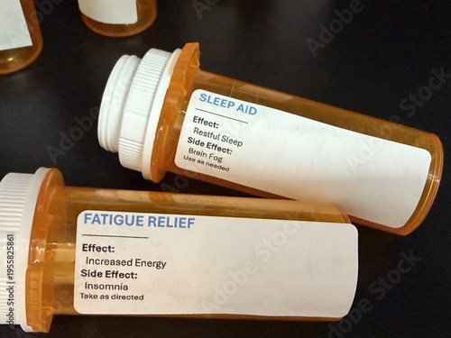 Medication side effects and treatment cycle concept with prescription bottles