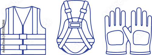 Essential safety gear including a life vest, harness, and protective gloves