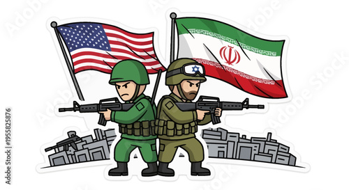 American and Israeli soldiers with USA and Iran flags