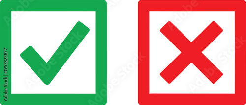 A green check mark and a red cross symbol representing correct and incorrect choices on white Vector