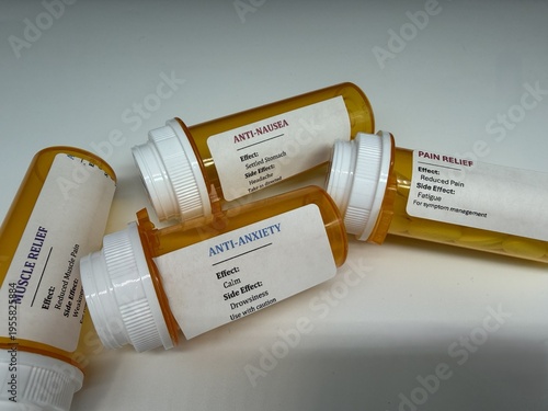 Medication side effects and treatment cycle concept with prescription bottles
