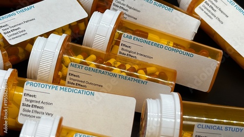 Experimental pharmaceutical capsules in prescription bottles, medical research concept