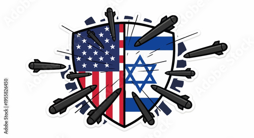 American and Israeli flags shield with missiles defense concept