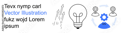 Business innovation, teamwork collaboration, growth strategies, idea generation, productivity enhancement, creative solutions. Features light bulb, upward graph arrows, gears and team elements