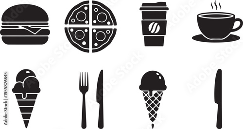 Minimal Food Vector Pack – Burger Pizza Coffee Cup Ice Cream Solid Black Silhouettes