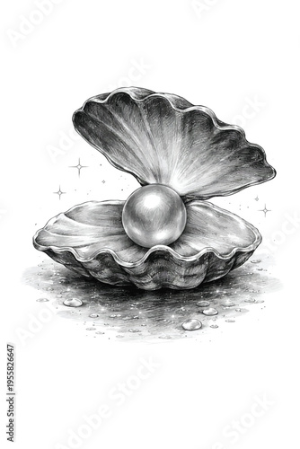 Monochrome sketch of a perfect pearl inside an open oyster shell, elegant treasure illustration, artistic rendering, ocean concept, artistic, elegant depiction of a natural treasure
