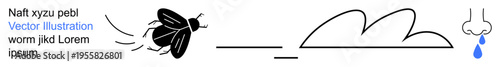 Allergy awareness, hygiene concepts, pest control, environment, health, seasonal issues. A fly, a line cloud and a nose with a droplet. Allergy awareness and hygiene concepts