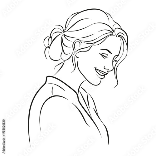 Smiling and contented woman. Continuous line drawing of a beautiful woman's face. outline Vector illustration of a female face line art on a white background. 