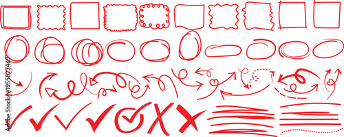 Hand drawn doodle frame, circle, arrow, check marks, and line vector set for creative designs, presentation, highlight, and decoration