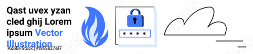 Data protection, cybersecurity, cloud storage, password management, IT security, secure access. Blue flame, lock with password field minimal cloud graphic. Data protection and cybersecurity concept