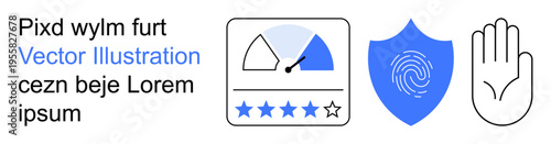 Digital privacy, cybersecurity, user authentication, online ratings, security protocols, identity protection. Icons include shield with fingerprint, meter with speed gauge, hand gesture and rating