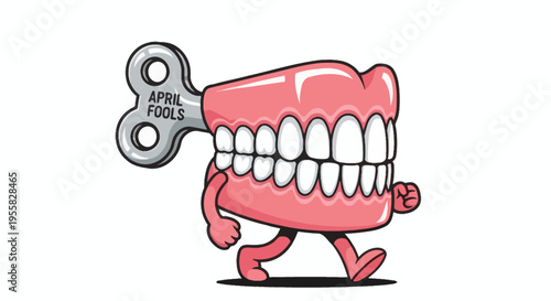 Playful wind-up chattering teeth with an 'April Fools' key, symbolizing humor and classic pranks, ideal for festive and funny designs