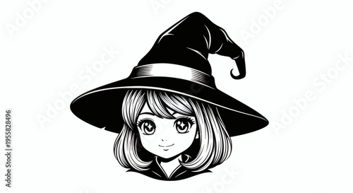 Enchanting anime-style witch girl illustration with a classic pointed hat, embodying a magical and mystical aura in a charming black and white graphic design