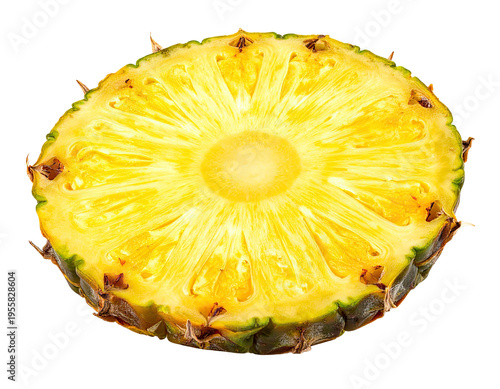 A bright yellow, juicy pineapple slice with rough brown skin edges