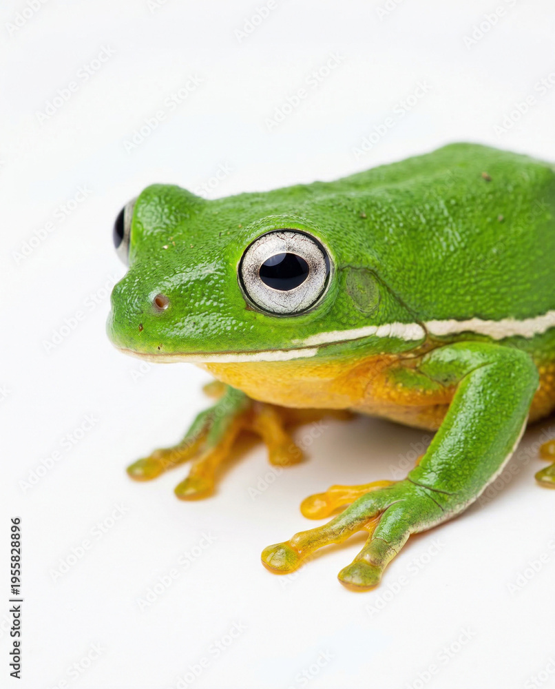 Fototapeta premium Bright green tree frog with large eyes and yellow belly resting on a white surface, an amphibian known for its coloration, white background