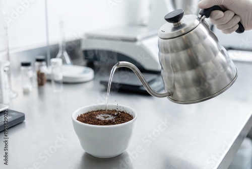 Barista pouring hot water from a gooseneck kettle into a coffee dripper