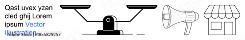 Business strategy, online marketing, retail solutions, advertising, ecommerce, decision-making. Balance scale, megaphone and storefront icons in black outline. Business strategy and online marketing