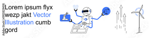 Artificial intelligence, robotics, technology advancement, renewable energy, AI integration, automation. A robot interacting with technology, wind turbines and data. AI integration and renewable