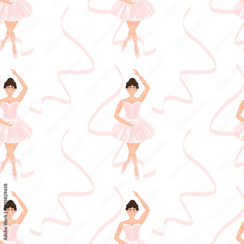 Fototapeta premium Seamless hand-drawn pattern featuring a brunette ballerina dancing with a flowing ribbon. Elegant, romantic design for ballet schools, textiles, packaging, and creative projects.