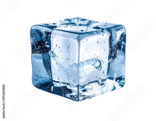 Clear ice cube with tiny air bubbles, wet and glistening