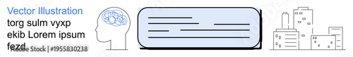 Brain function, text messages, urban architecture, cognitive understanding, communication, neuroscience. Displays a brain, a rectangular text interface and outlined city buildings. Brain analysis