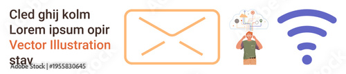 Communication, cloud storage, wireless connectivity, remote work, digital tools, email access. Outline of an email, person thinking cloud ideas and wireless icon. Communication and cloud storage