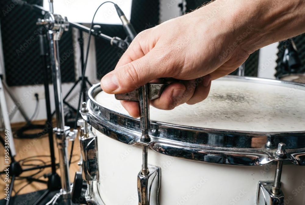 Fototapeta premium Musician hand using a metal drum key to tune the tension rods of a white snare drum
