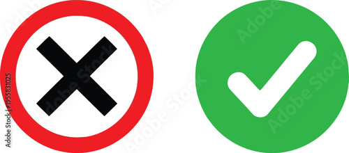 A pair of circular icons featuring a red cross for disapproval and a green check for acceptance Vector