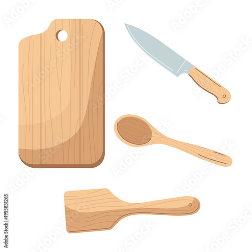 Set of wooden kitchen utensils including cutting board, spoon, spatula and knife with wooden handle, flat vector illustration, minimal line style